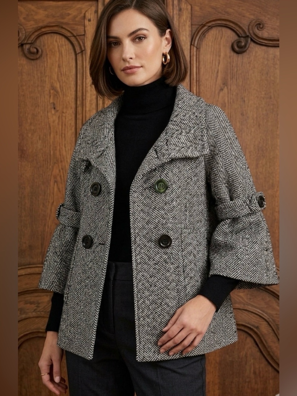 Last Kiss Herringbone Peacoat Jacket Chic Wide-Sleeve Double-Breasted Outerwear